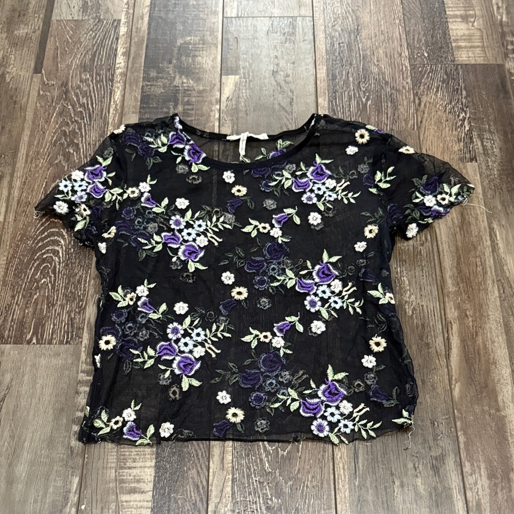 Sheer Black Floral Embroidered Short Sleeve Top - Purple & White Flowers